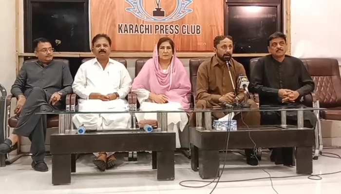Sindh PPP Information Secretary Senator Aajiz Dhamrah speaks at a press conference here at the Karachi Press Club in this still on November 10, 2023. — Facebook/Senator Aajiz Dhamrah Official