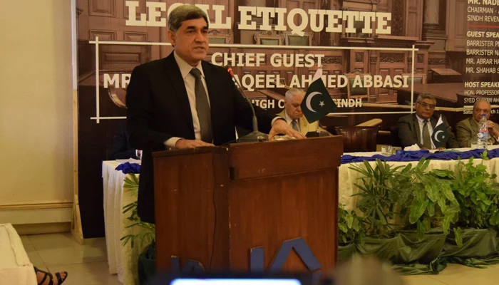 Senior Sindh High Court Acting Chief Justice Aqeel Ahmed Abbasi speaks during a public event in this image released on March 14, 2018. — Facebook/Themis School of Law