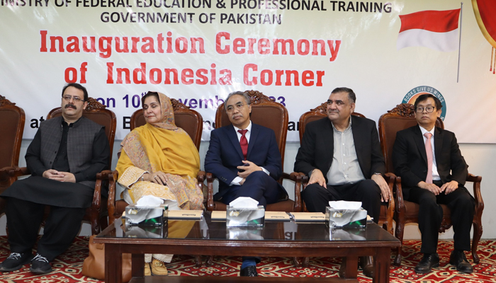 The Ambassador of the Republic of Indonesia, Adam Tugio (C) sits alongside other officials during the inauguration of the first Indonesian Corner at the NBF in Islamabad on November 11, 2023. — Facebook/National Book Foundation