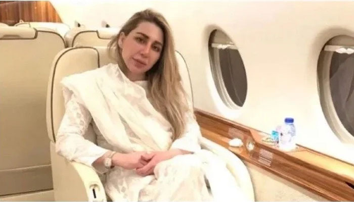 Farah Khan, a friend of former first lady Bushra Bibi, poses while sitting in a jet. Photo — Instagram/@f.khan211