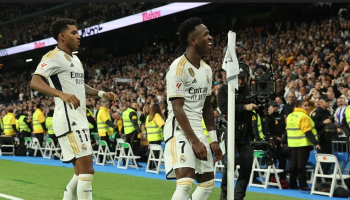 Vinicius Junior celebrates scoring his teams third goal with Rodrygo. — AFP