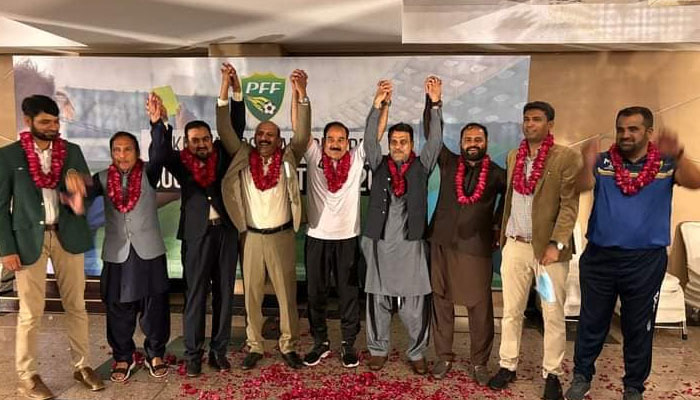 The office-bearers of the Pakistan Football Referees Association (PFRA) after being elected. — Facebook/amjadsahildawar