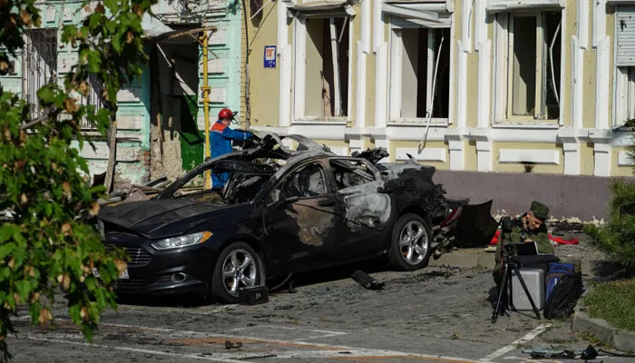 Russian investigator at the site where a Ukrainian drone was shot down by the air defence system in Russias central Rostov-on-Don region in September 2023.— AFP