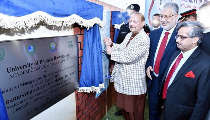 President Azad Jammu and Kashmir Barrister Sultan Mahmood Chaudhry inaugurates mega projects for Poonch University on November 13, 2023. — Facebook/Sultan Mahmood Chaudhry