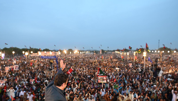 PPP Chairman Bilawal Bhutto Zardari waves toward supporters during a public rally at Marvi Ground on Diwali in Mithi on November 13, 2023. — Facebook/Pakistan Peoples Party - PPP