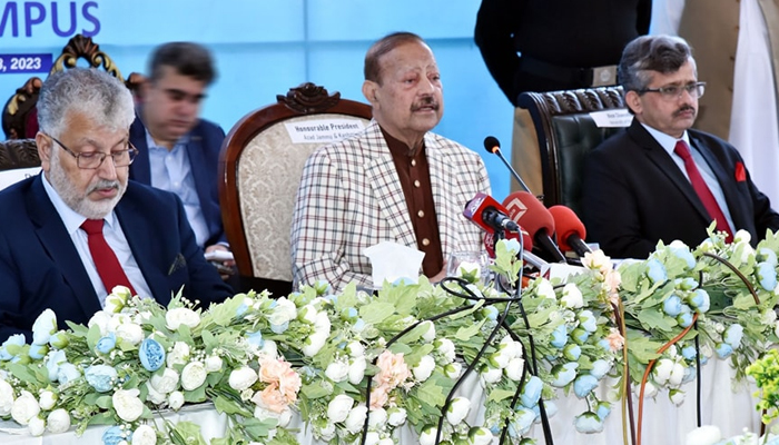 President Azad Jammu and Kashmir Barrister Sultan Mahmood Chaudhry addresses the audience after laying the foundation stone on November 13, 2023. — Facebook/Sultan Mahmood Chaudhry