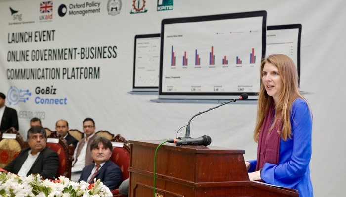 British High Commissioner to Pakistan Jane Marriott speaks with the audience during an event in KP on November 2, 2023. — X/@ukinpakistan