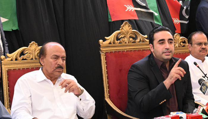 PPP Senator Nisar Ahmed Khuhro (L) sits as Chairman Bilawal Bhutto-Zardari speaks with the media on November 14, 2023. — Facebook/Pakistan Peoples Party - PPP