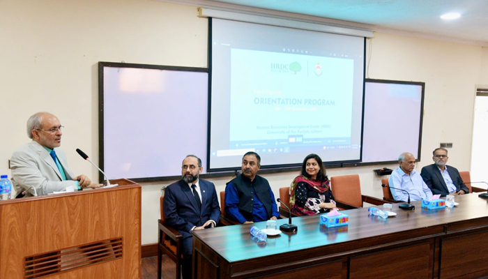 PU VC Prof Dr Khalid Mahmood speaks as other officials from the university listen on November 15, 2023. — Facebook/University of the Punjab