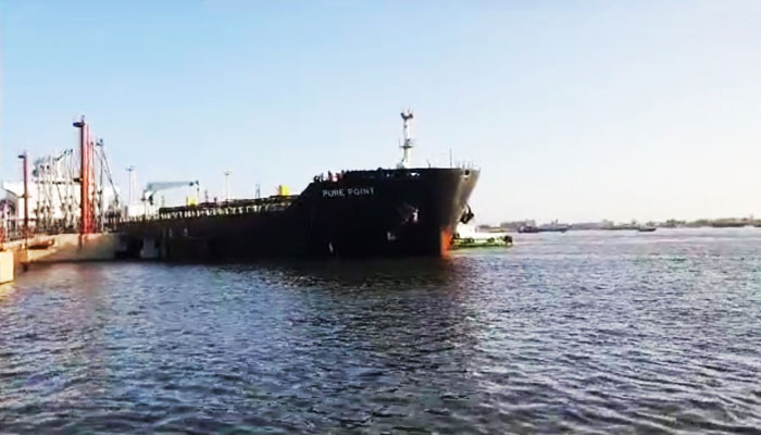 Pure Point, the vessel in which Russian oil reached Pakistan, can be seen anchored at a dock in Karachi, on July 12, 2023, in this still taken from a video. — Twitter/@Roohan_Ahmed