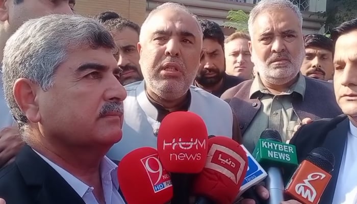 Former speaker of the National Assembly and a PTI leader, Asad Qaiser speaks with the media in this still on November 16, 2023. — Facebook/Asad Qaiser