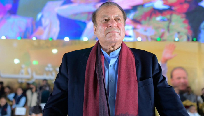 PMLN leader and former prime minister Nawaz Sharif looks on towards the crowd in Lahore during a massive rally on October 21, 2023. — Facebook/Maryam Nawaz Sharif