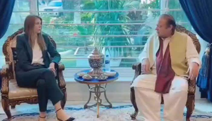 The screengrab shows Ambassador Jane Marriott, the British High Commissioner paying a courtesy call on PML-N supremeo, Muhammad Nawaz Sharif in Lahore. —Facebook/Rana Sohail Ahmed