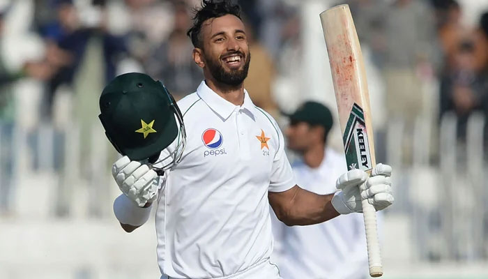 Pakistans newly-appointed Test captain Shan Masood expresses joy after scoring runs in this undated photo. — AFP/File