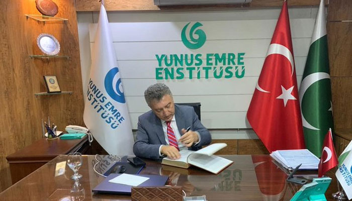 The image released on Oct 27, shows the Consul General of Türkiye, Durmuş Baştuğ at Lahores Yunus Emre Turkish Cultural Center. — x/PTANews_