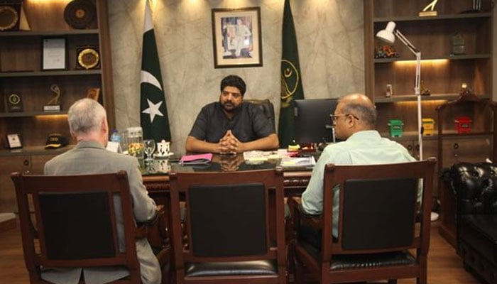 In this image released on Nov 7, 2023, LWMC CEO Babar Sahib Din is seen in meeting with Dr. Soren, a senior economist from the UN and Dr. Kamran, GM of Planning and Projects. — Facebook/ Lahore Waste Management Company