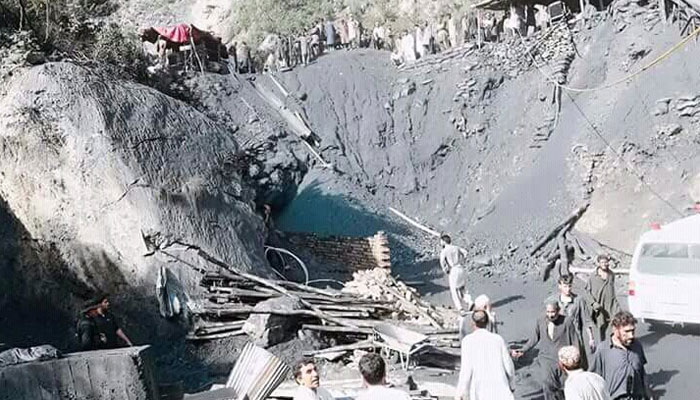 The image released on Sep 12, 2023, shows the coalmine in Akhurval, Darra Adam Khail after the explosion. —x/IftikharFirdous