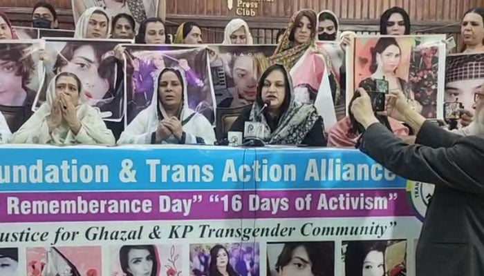 The screengrab shows a press conference in progress by the members of the transgender community at the Peshawar Press Club on Nov 17, 2023. — Facebook/Arzoo Khan Social Activist