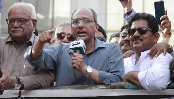 Karachi Pakistan Peoples Party (PPP) President Saeed Ghan while speaking at a party rally in Liyari, Karachi on October 15, 2023. — Facebook/Saeed Ghani