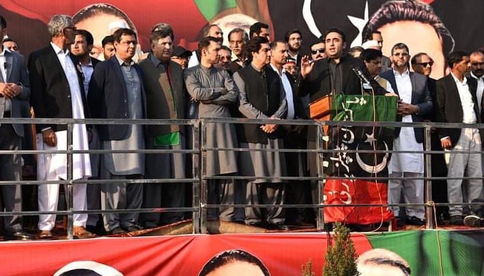 Pakistan People’s Party (PPP) Chairman Bilawal Bhutto Zardari addressing workers convention in Mardan.—x/HeerSoho