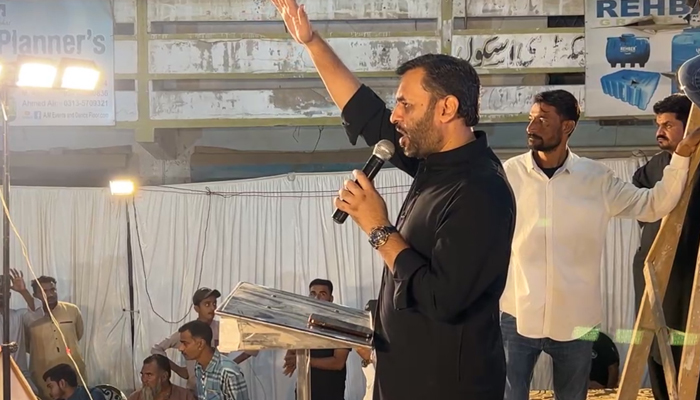 MQM-P Senior Deputy Convener Mustafa Kamal addresses the inaugural ceremony of the party’s election office in Aligarh Town in this still on November 18, 2023. — Facebook/MQM ( Muttahida Quami Movement)