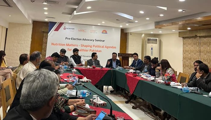 This image shows a moment from a pre-election advocacy seminar conducted by the Scaling Up Nutrition Civil Society Alliance, Pakistan and Nutrition International on November 18, 2023. — Facebook/Muhammad Raza