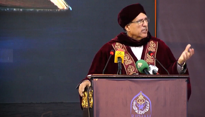 This still taken from a video released on November 17, 2023, shows President Dr Arif Alvi addressing the 18th convocation of Riphah International University. — Facebook/Riphah International University