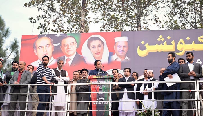 PPP Chairman Bilawal Bhutto Zardari addressing a workers convention in Peshawar on November 18, 2023. — Facebook/Pakistan Peoples Party - PPP