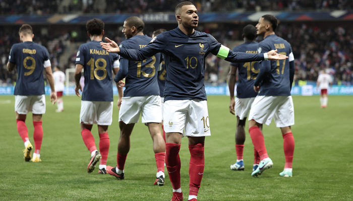 Frances forward Kylian Mbappe celebrates after scoring a goal during the UEFA EURO 2024 Group B qualifying football match between France and Gibraltar at the Allianz Riviera stadium in Nice, southeastern France, on November 18, 2023. — AFP
