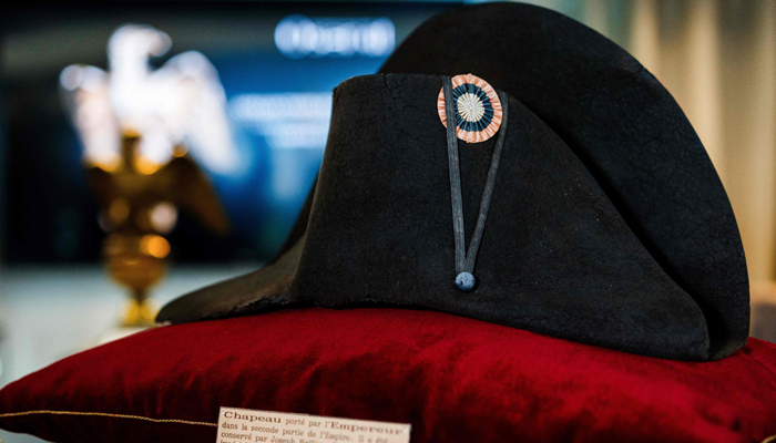 A black bicorne hat with red, white and blue cockade worn by the French Emperor Napoleon I (1769-1821), from the Collection Jean Louis Noisiez, is displayed before an auction sale at Osenat auction house in Paris on November 6, 2023. — AFP