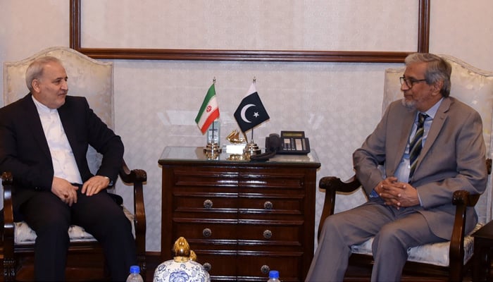 Caretaker Sindh CM Justice (retired) Maqbool Baqar meets with the Ambassador of Iran Rezza Amiri Moghadam (L) at CM House on November 20, 2023. — X/@SindhCMHouse