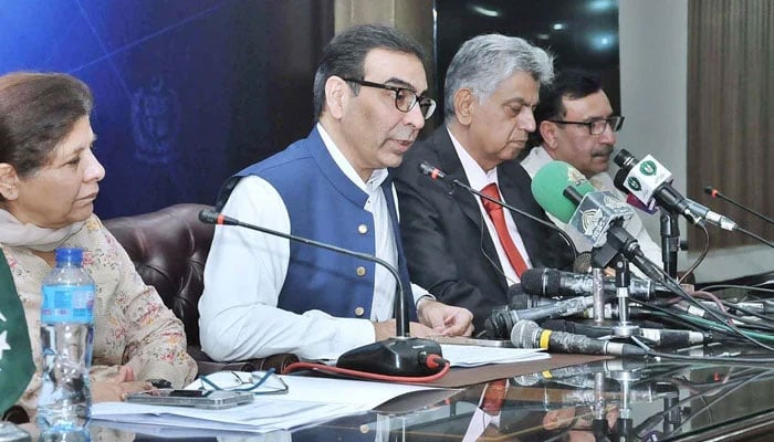 Caretaker Minister for Energy and Petroleum Muhammad Ali addresses a press conference at PID Media Centre on September 15, 2023. — APP