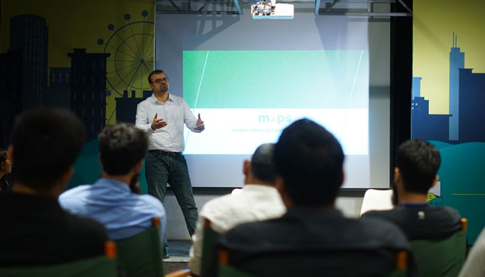 The image released on July 10, 2023, shows Sarwar Khan, CEO of TPL Maps conducting the Power of Location session at NIC Karachi. — X/NIC_Karachi