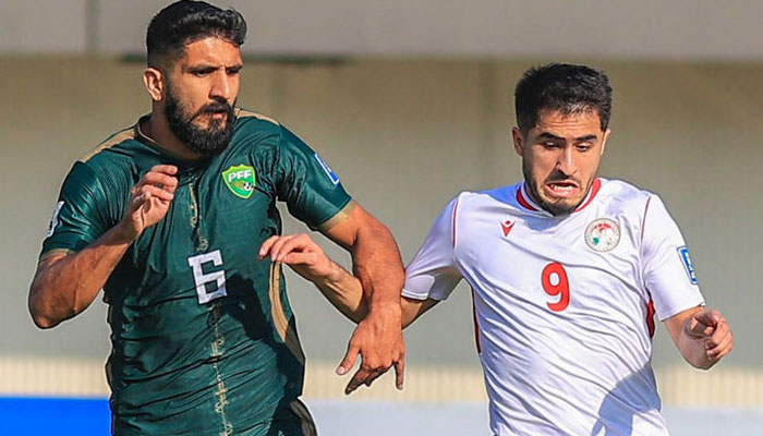 The image shows one of the glimpses from the match between Pakistan and Tajikistan in the World Cup Soccer qualifying round at the Jinnah Stadium on Nov 21, 2023. — Facebook/PTV Sports