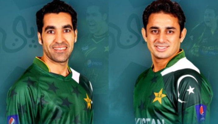 Pakistan cricketers Umar Gul (left) and Saeed Ajmal. — X/TheRealPCB