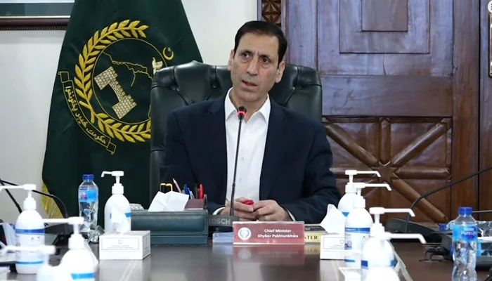 This still taken from a video released on November 18, 2023, shows Caretaker CM Justice (R) Syed Arshad Hussain Shah presiding over a meeting of the Board of Revenue at the CMs House. — Facebook/Government of Khyber Pakhtunkhwa