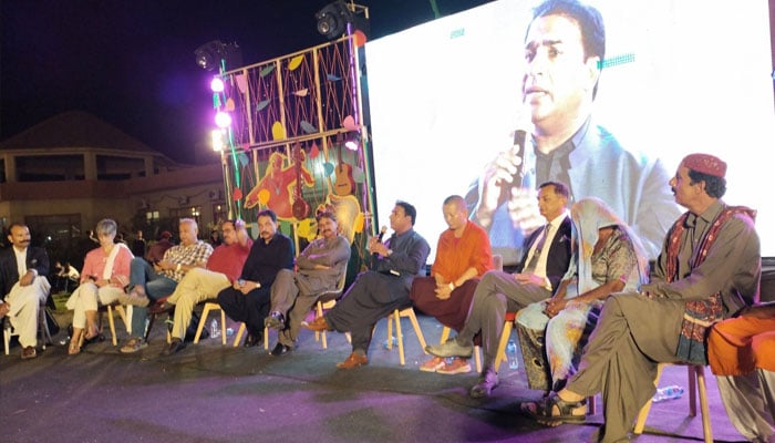 In this photo released on May 6, 2023, Dr. Ishaq Samejo - Chairman Sindhi Language Authority speaks at the Lahootis inaugural ceremony. —x/bilalbughio55