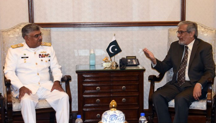 Chief of Naval Staff Admiral Naveed Ashraf calls on  caretaker chief minister Justice (retd) Maqbool Baqar at the CM House on Nov 21, 2023. —x/SindhCMHouse