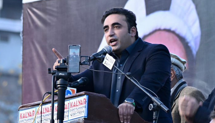Pakistan Peoples Party (PPP) Chairman Bilawal Bhutto Zardari addresses a gathering in Upper Dir on Nov 21, 2023. — X/@BBhuttoZardari