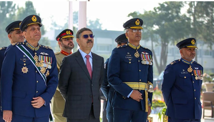 Caretaker Prime Minister Anwaar-ul-Haq Kakar and Chief of the Air Staff Air Chief Marshal Zaheer Ahmed Babar Sidhu witness the flypast  at the graduation ceremony for officers at the Pakistan Air Force (PAF) Academy, Asghar Khan on Nov 21, 2023. —PID