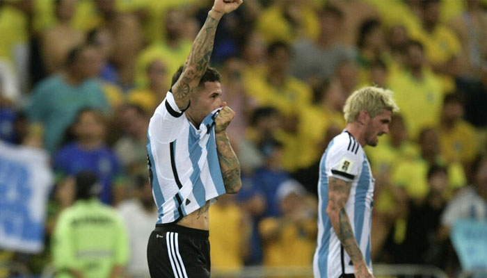 Argentina defender Nicolas Otamendi salutes the crowd after his winning goal in a 1-0 World Cup qualifying victory over Brazil. — AFP File