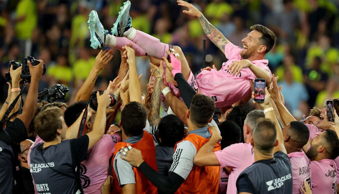 Lionel Messi is hoisted into the air by his Inter Miami teammates after winning the Leagues Cup final in August. — AFP File