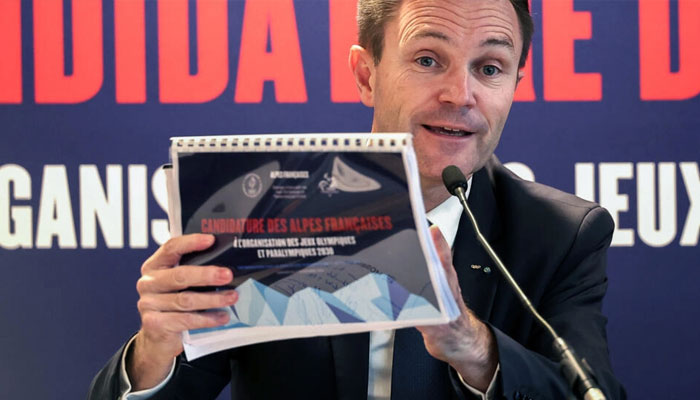 French National Olympic and Sports Committee (CNOSF) president David Lappartient presents the French Alps bid to host the 2030 Winter Olympics. — AFP File