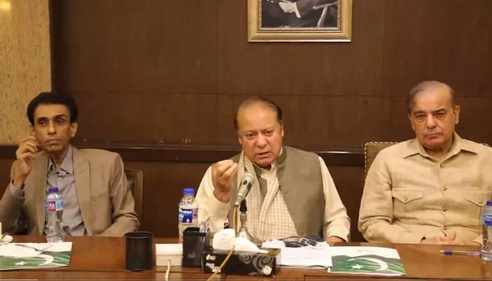Nawaz Sharif speaks after the PML-N and MQM-P join an alliance for election in this still taken from a video. — X/PmlnMedia