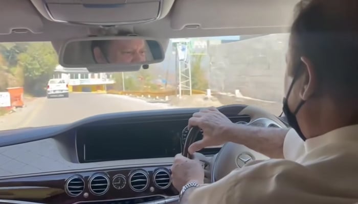 This still taken from a video released on November 22, 2023, shows former prime minister Nawaz Sharif driving his own car in Murree. — Facebook/Maryam Nawaz Sharif