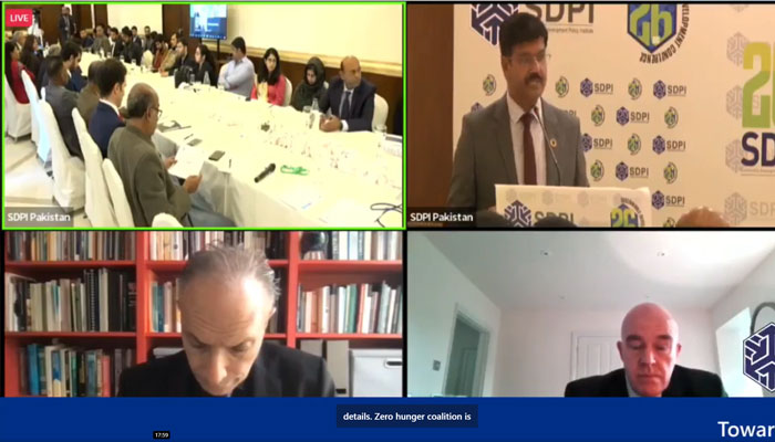 The screenshot shows a giimpse from an online session titled “Towards Affordable and Resilient Food Systems” at the 26th Annual Sustainable Development Conference of the SDPI here on Nov 22, 2023. — Facebook/SDC.SDPI