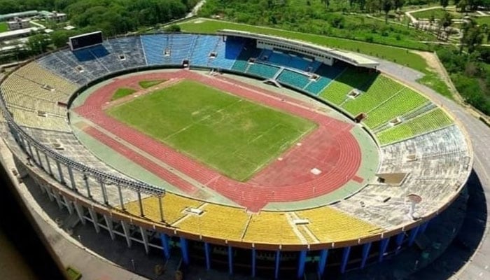 The image shows an aerial view of the Jinnah Stadium in Islamabad. —x/PakistanUltras
