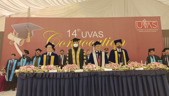 Governor Punjab Muhammad Baligh-ur-Rehman can be seen standing wearing a mask, alongside others during the 14th convocation of the UVAS in Lahore on November 23, 2023. — Facebook/Punjab Higher Education Commission-PHEC