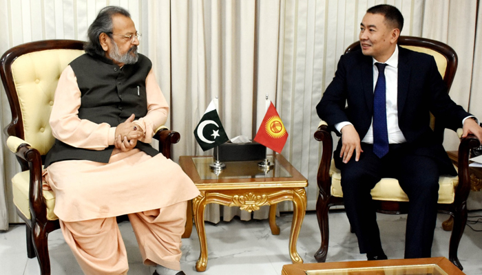 Interim Minister for Education and Professional Training Madad Ali Sindhi meets with the Ambassador of the Republic of Kyrgyzstan to Pakistan Ulanbek Totuiaev in Islamabad on November 23, 2023. — Facebook/Ministry of Federal Education and Professional Training Pakistan