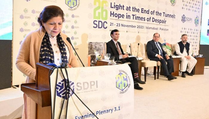 Caretaker Minister for Finance Dr Shamshad Akhtar addresses an SDPI conference here on Nov 23, 2023. —x/SDPIPakistan